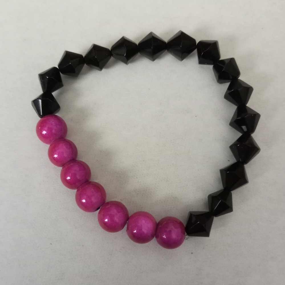 Hand Crafted Black crystal and neon pink fuchsia beaded statement bracelet New